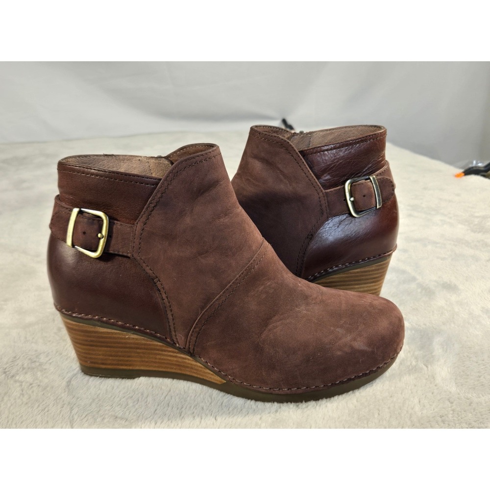 Dansko Lafayette Brown Leather Nubuck Wedge Ankle Booties Buckle Side Zip 41